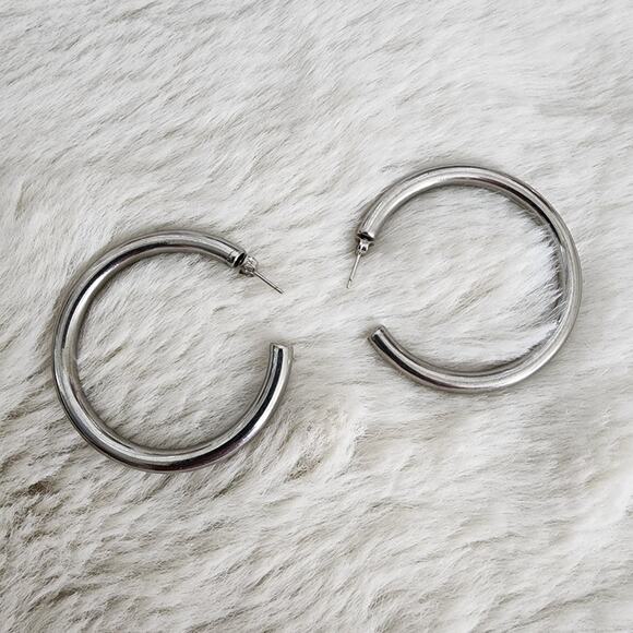 NEW Chunky Tube Hoop Earrings - Silver Rhodium Plated 2-Inch Statement Hoops - Picture 1 of 8